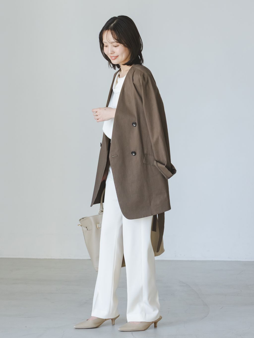 麻ストレッチVカラージャケットのコーディネートスナップ（minami.a