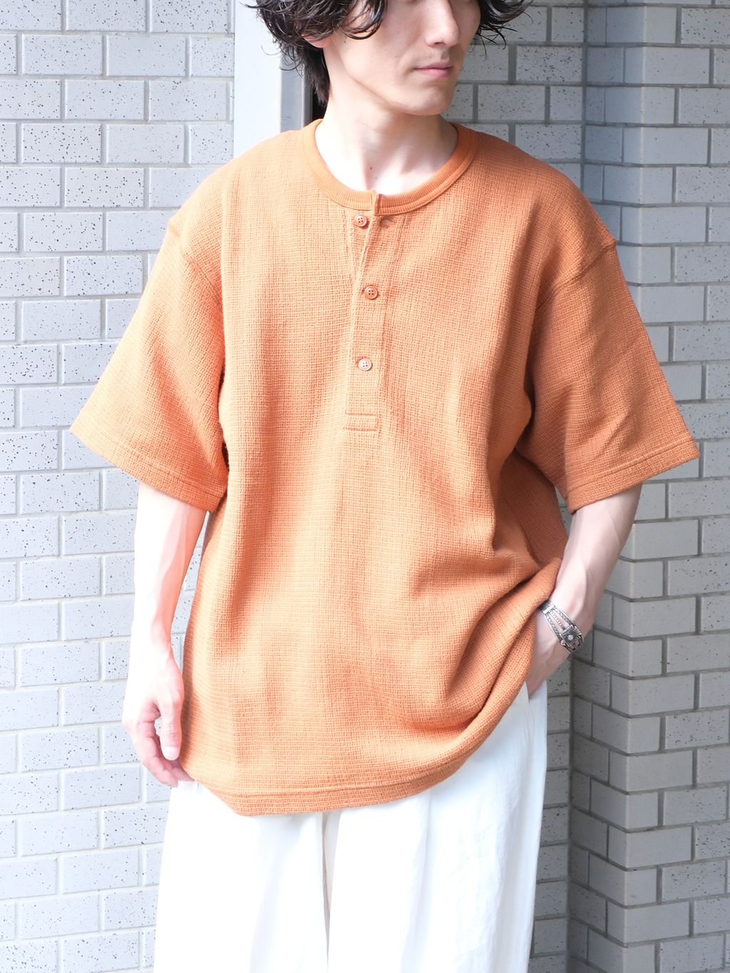J.S.Homestead / レノ メッシュ ファブリック ヘンリー ネック Tシャツ