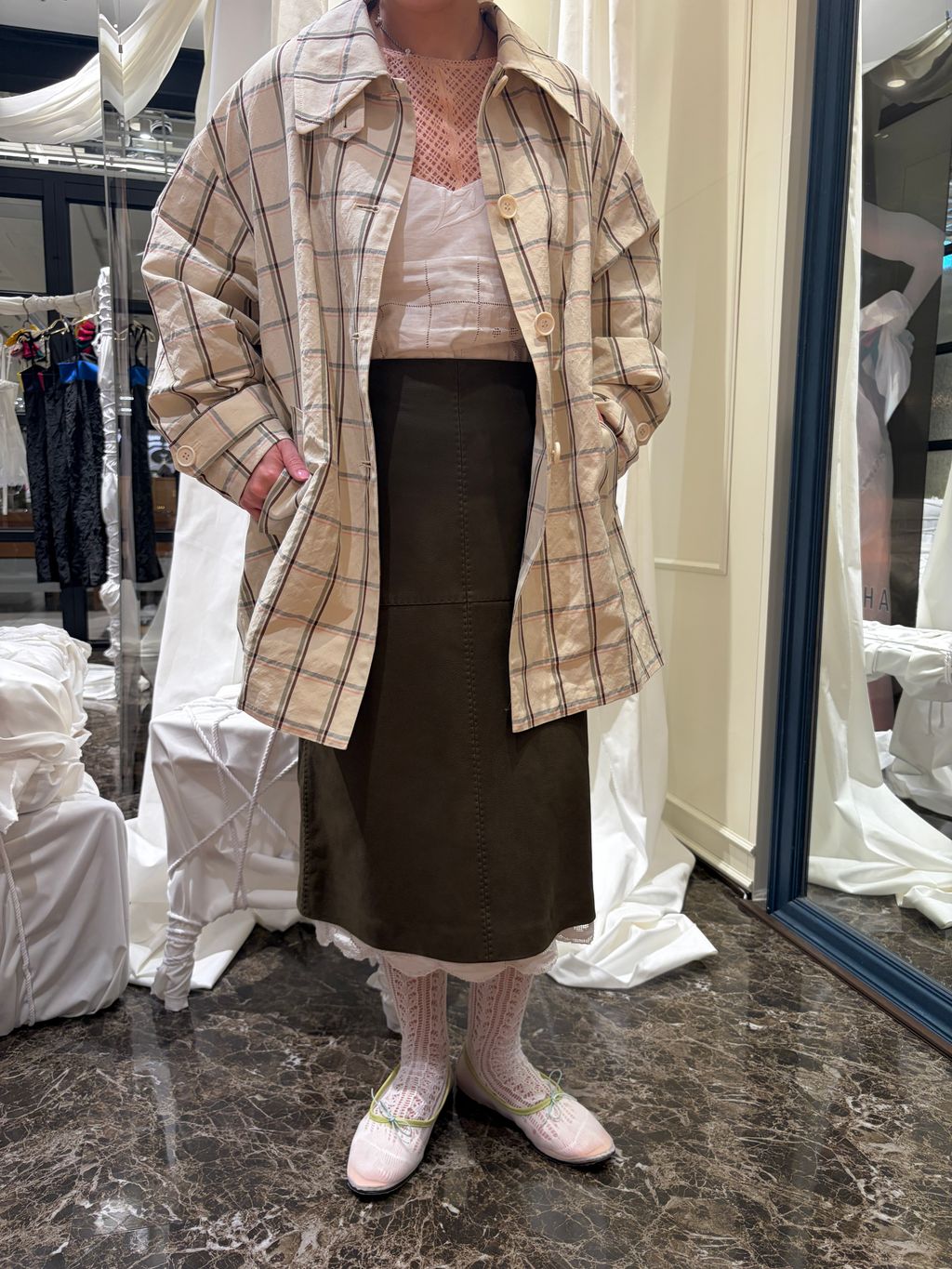 IENA LA BOUCLE P/Lチェックステンカラーハーフコートのコーディネート