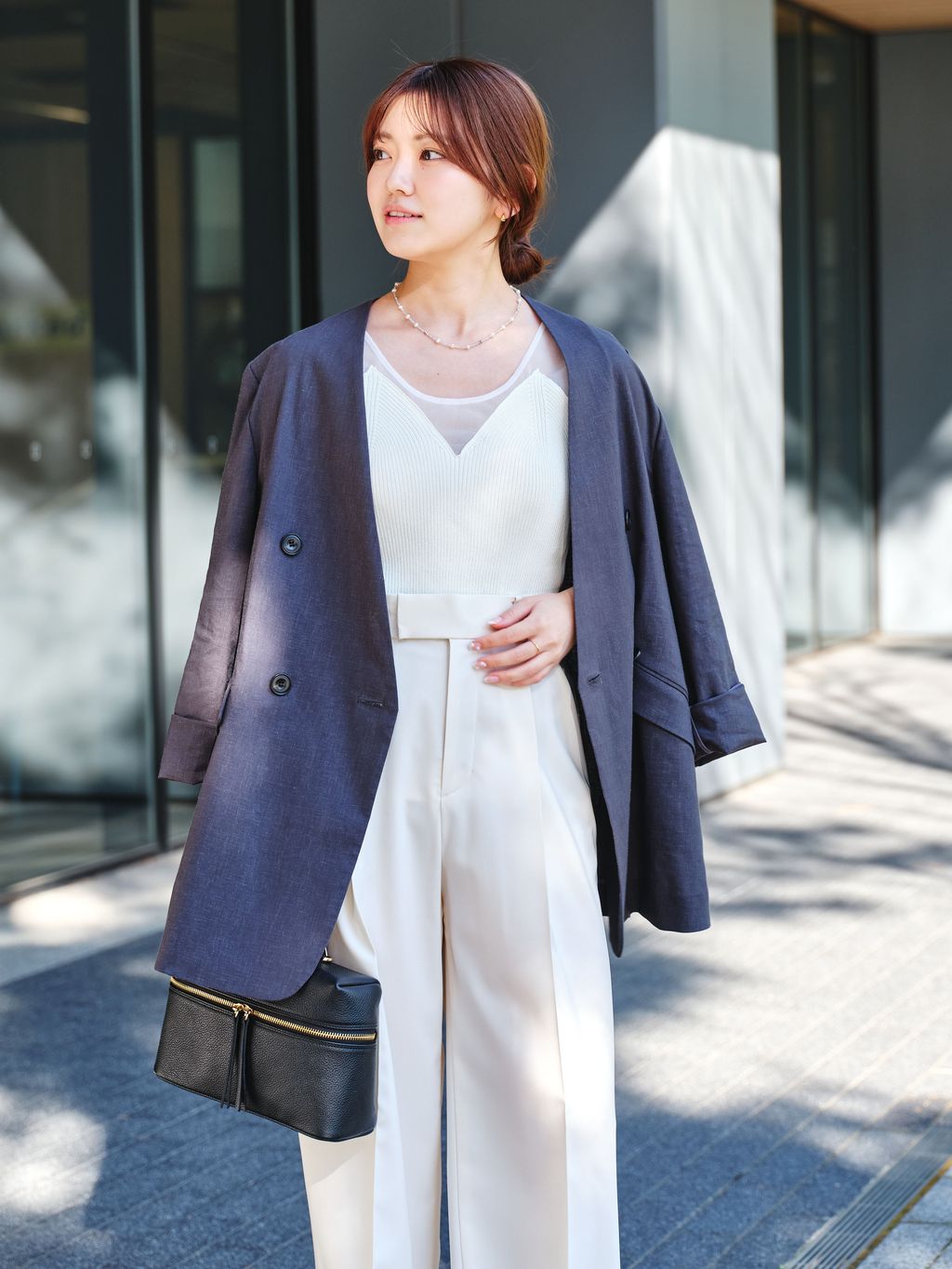 麻ストレッチVカラージャケットのコーディネートスナップ（noa