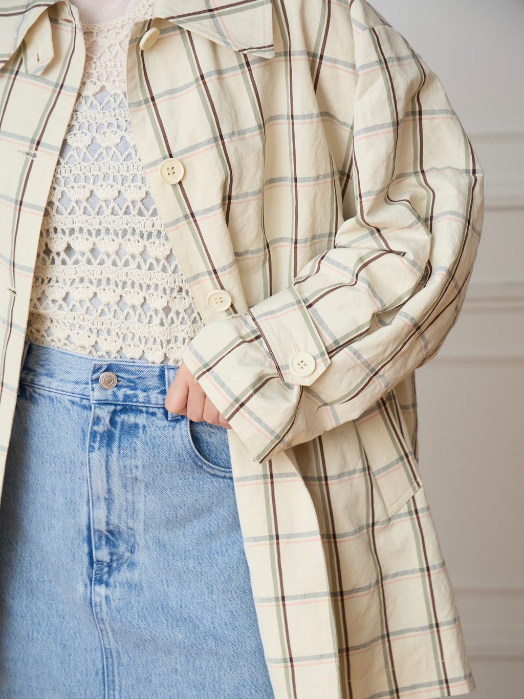 IENA LA BOUCLE P/Lチェックステンカラーハーフコートのコーディネート