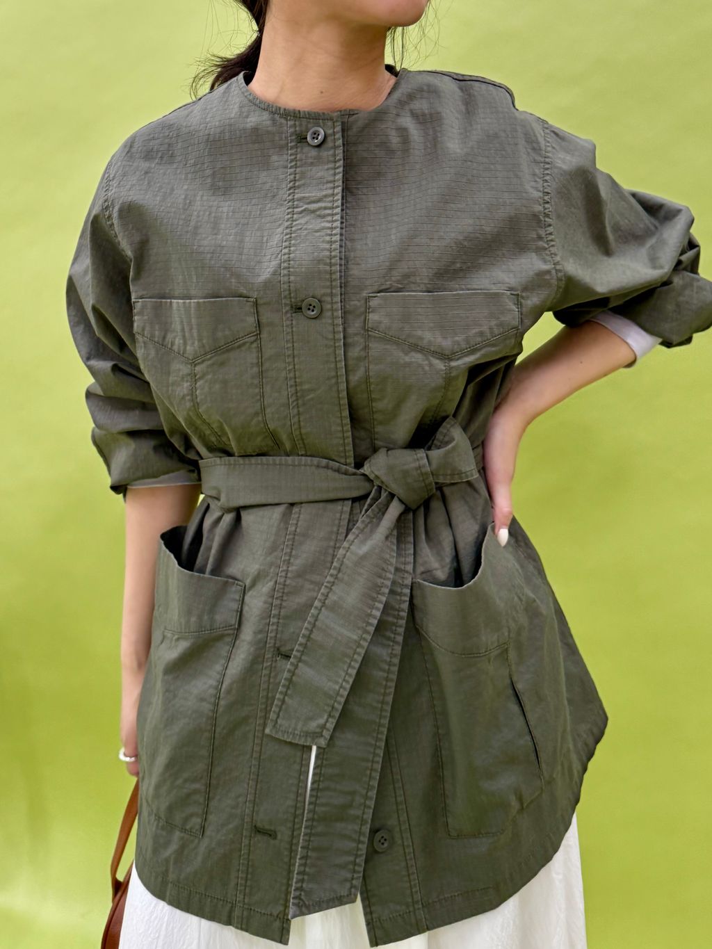 追加予約》ノーカラーサファリブルゾンのコーディネートスナップ（rako