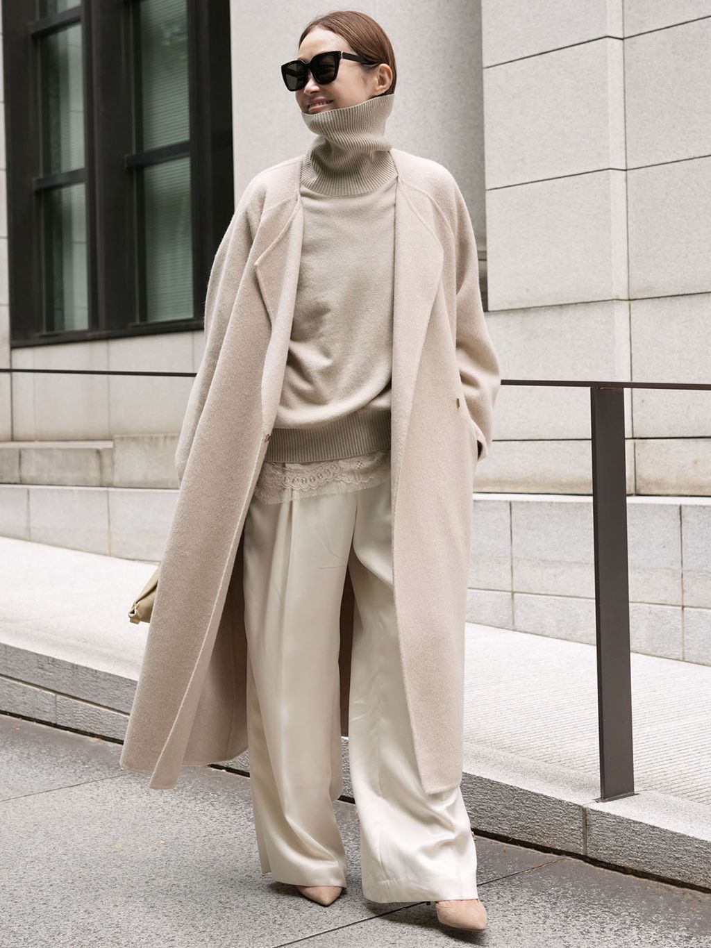 ウールアンゴラ ノーカラーコートのコーディネートスナップ（MIZU