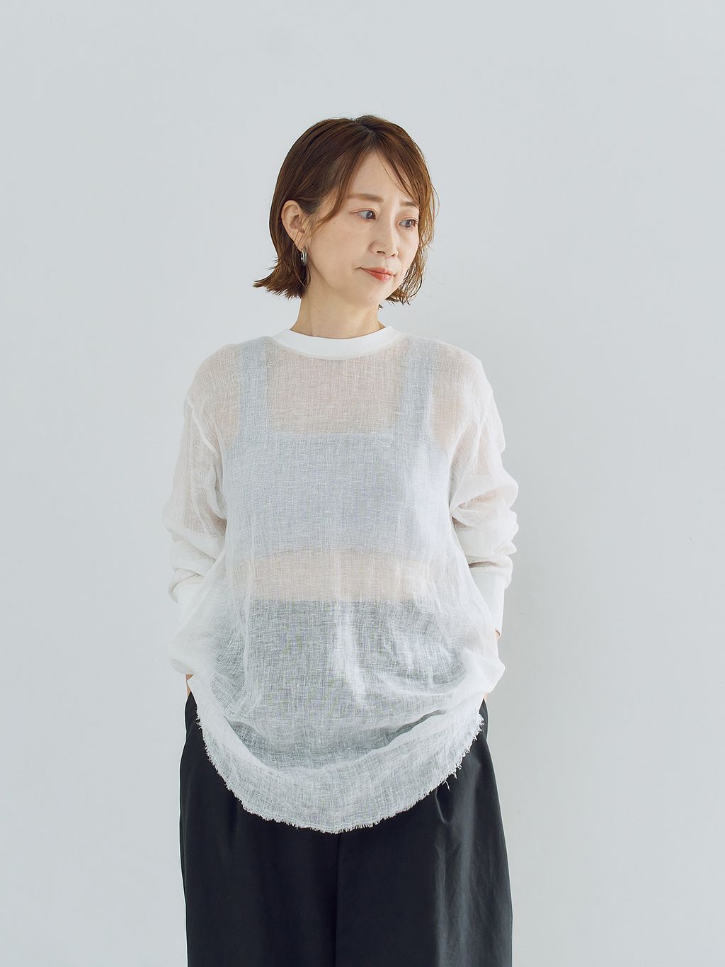 CALMERカルメール　リネン　メッシュリブブラウス　白 完売品 予約》LINEN MESH T-BLOUSE / リネンメッシュTブラウスの