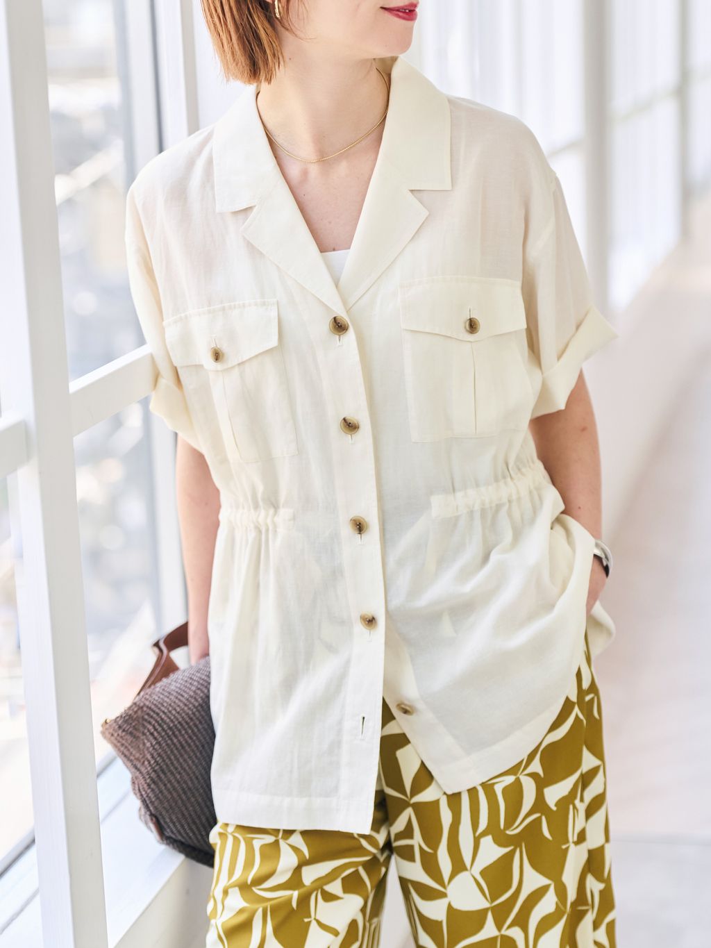 オープンカラーシアージャケットのコーディネートスナップ（Yuko