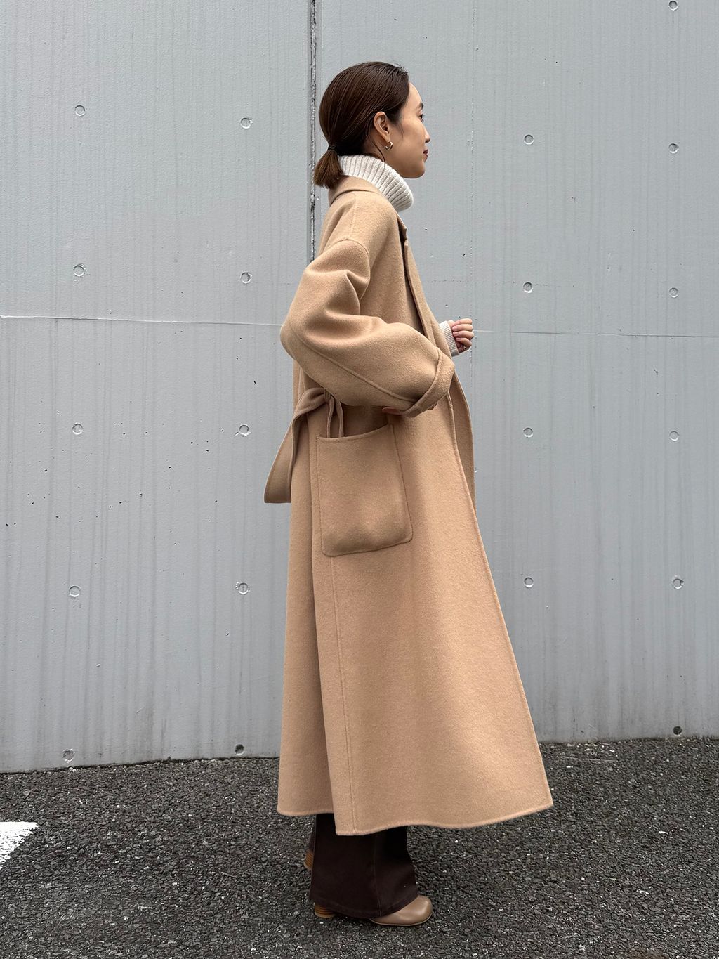 SLOBE IENA ウールロングコート ベージュ souple wool ダブルフェイスロングコートのコーディネートスナップ