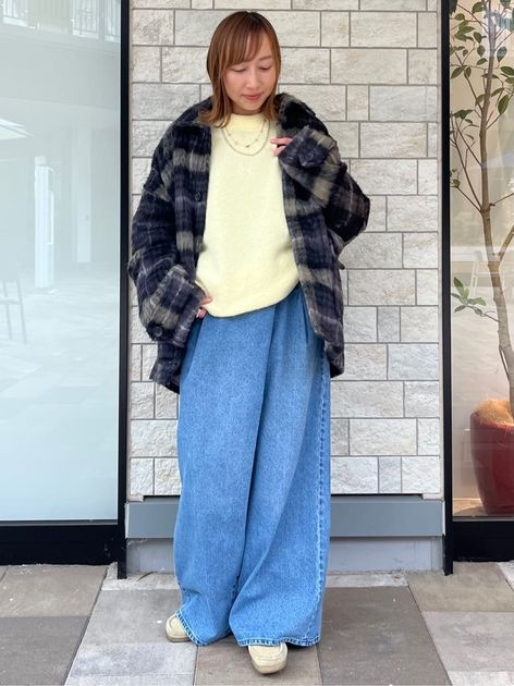 シャギーチェックショートコートのコーディネートスナップ（sumire