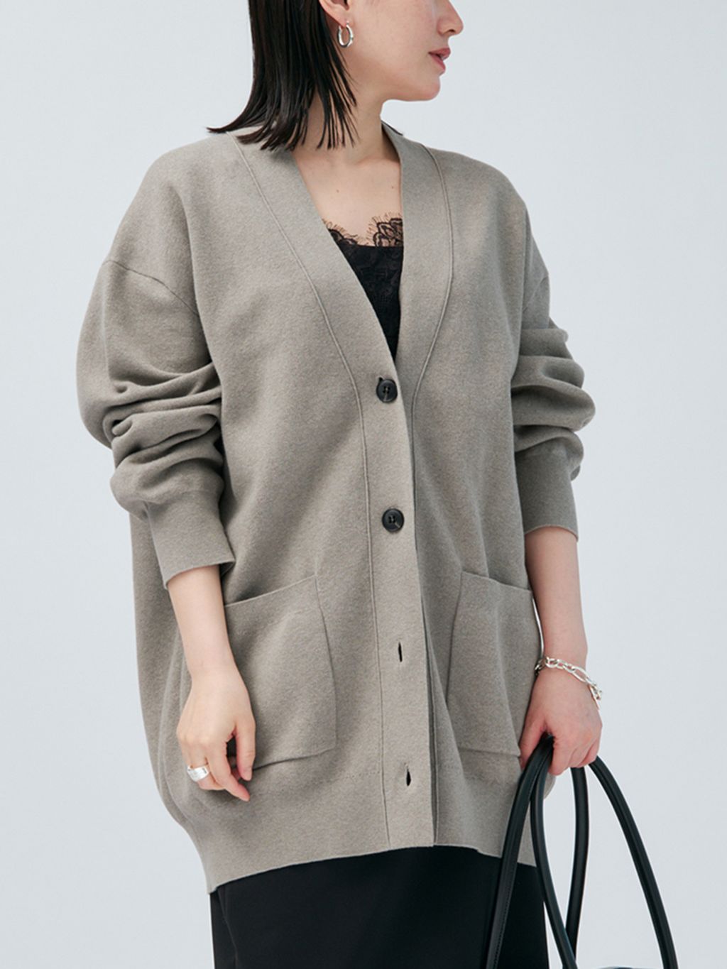 コットンカシミヤ WジャガードVネックカーディガンのコーディネート