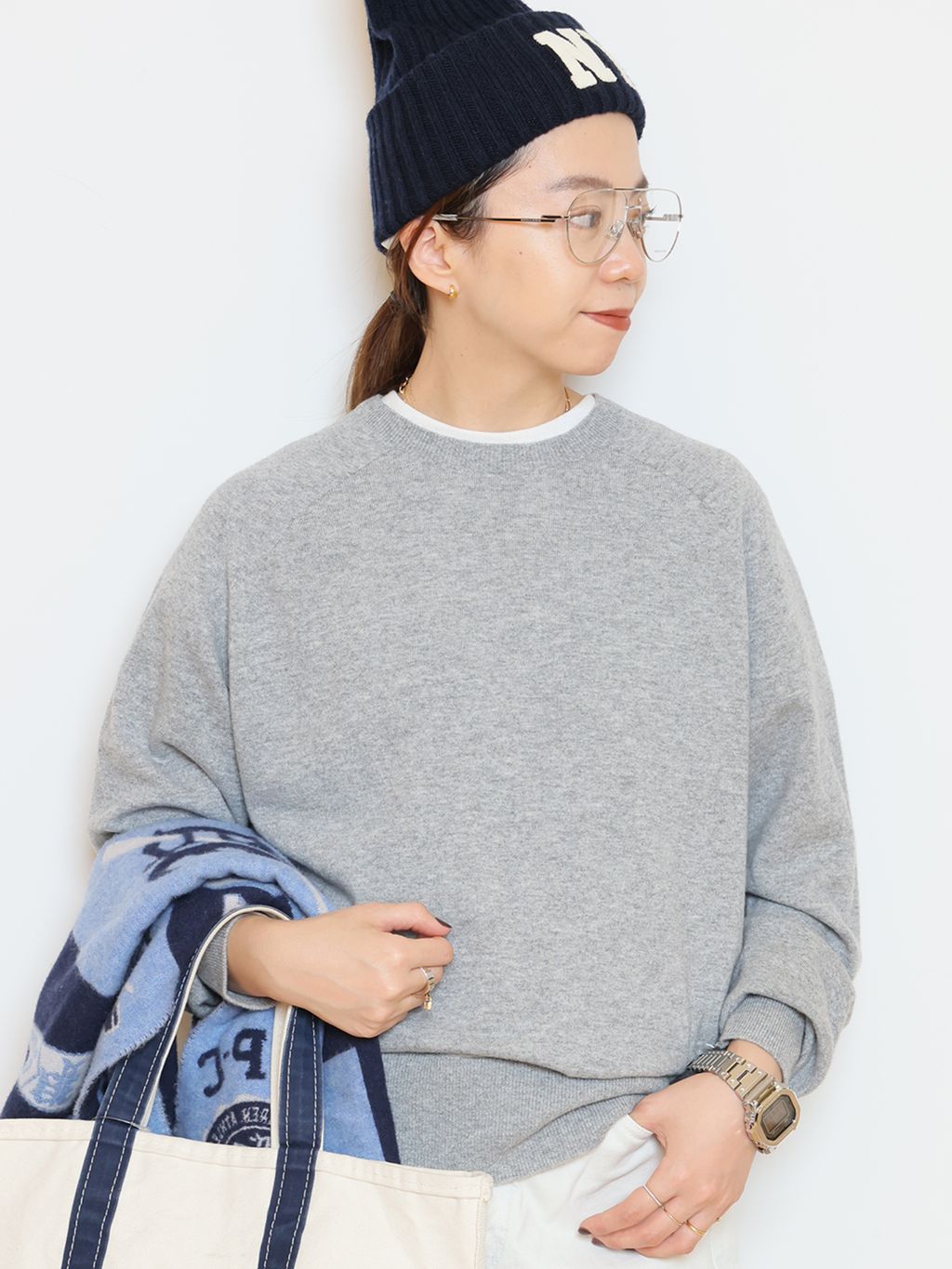 suga.です。Deuxieme Classe MUSE CAPRIニット CAPRI クルーネックプルオーバーのコーディネートスナップ（HASE