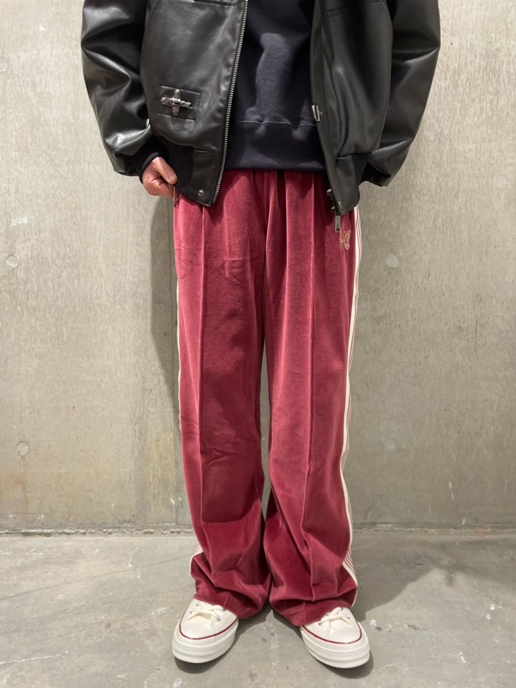 Needles ベロア トラックパンツ レッド M センターシーム Needles ニードルス 日本製 Narrow Track Pant - C/Pe Velour ナロー
