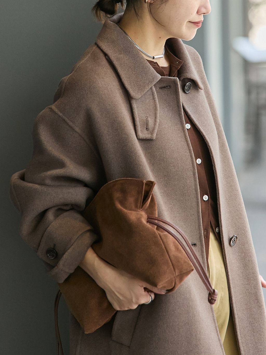 ヤクウールリバーバルカラーコートのコーディネートスナップ（sangu