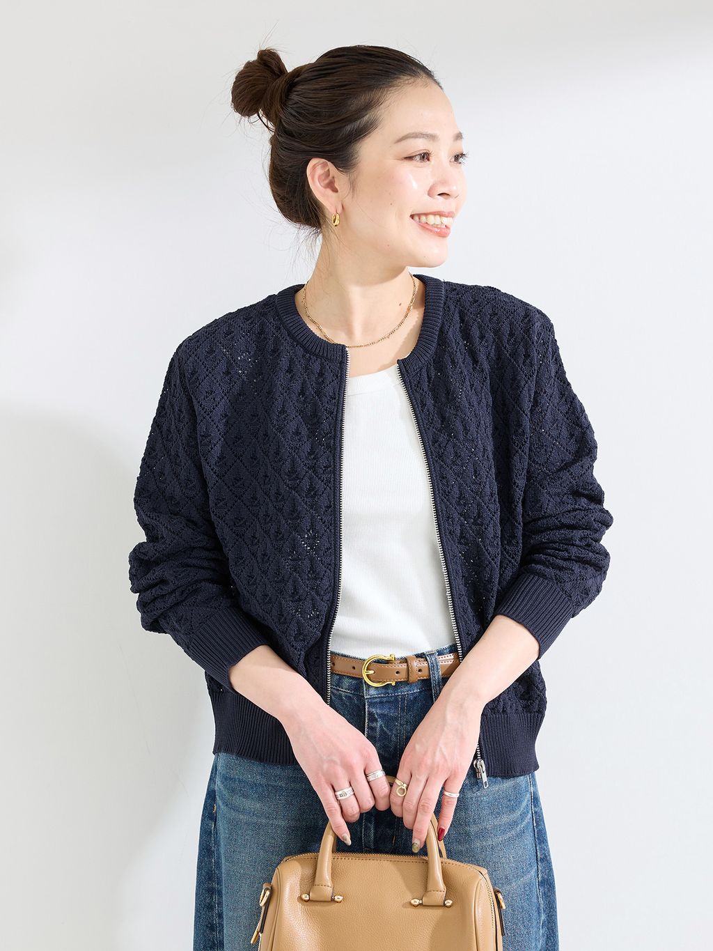 予約》手洗い可 / 幾何柄ZIPカーディガンのコーディネートスナップ