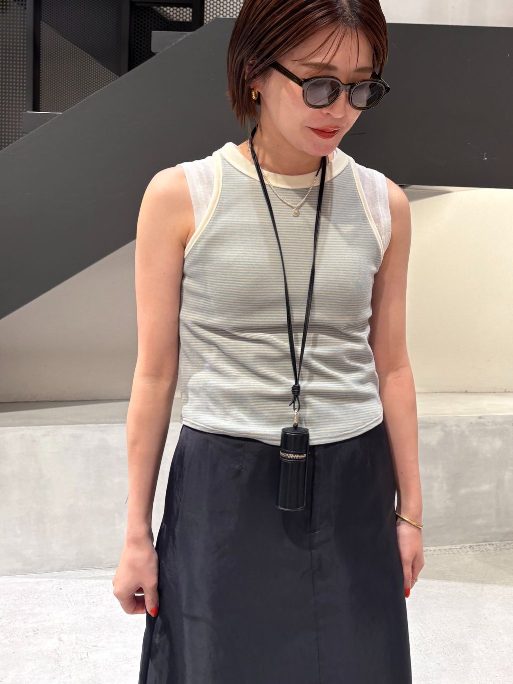 IENA LA BOUCLE ベロアボーダータンクトップのコーディネートスナップ