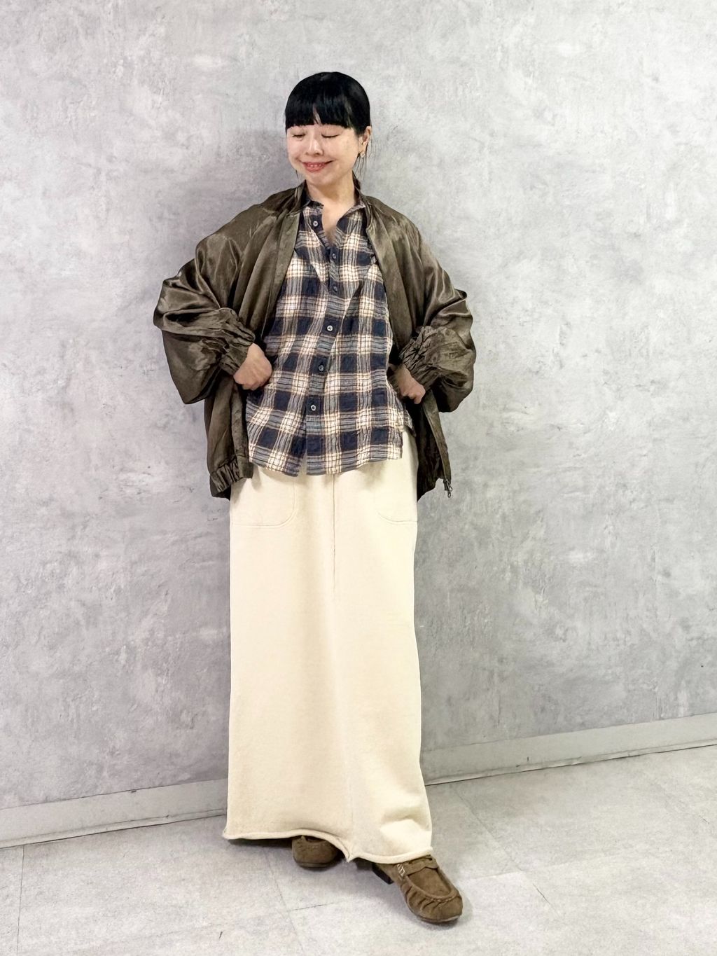 シャーリングチェック レギュラーカラーBigシャツのコーディネート