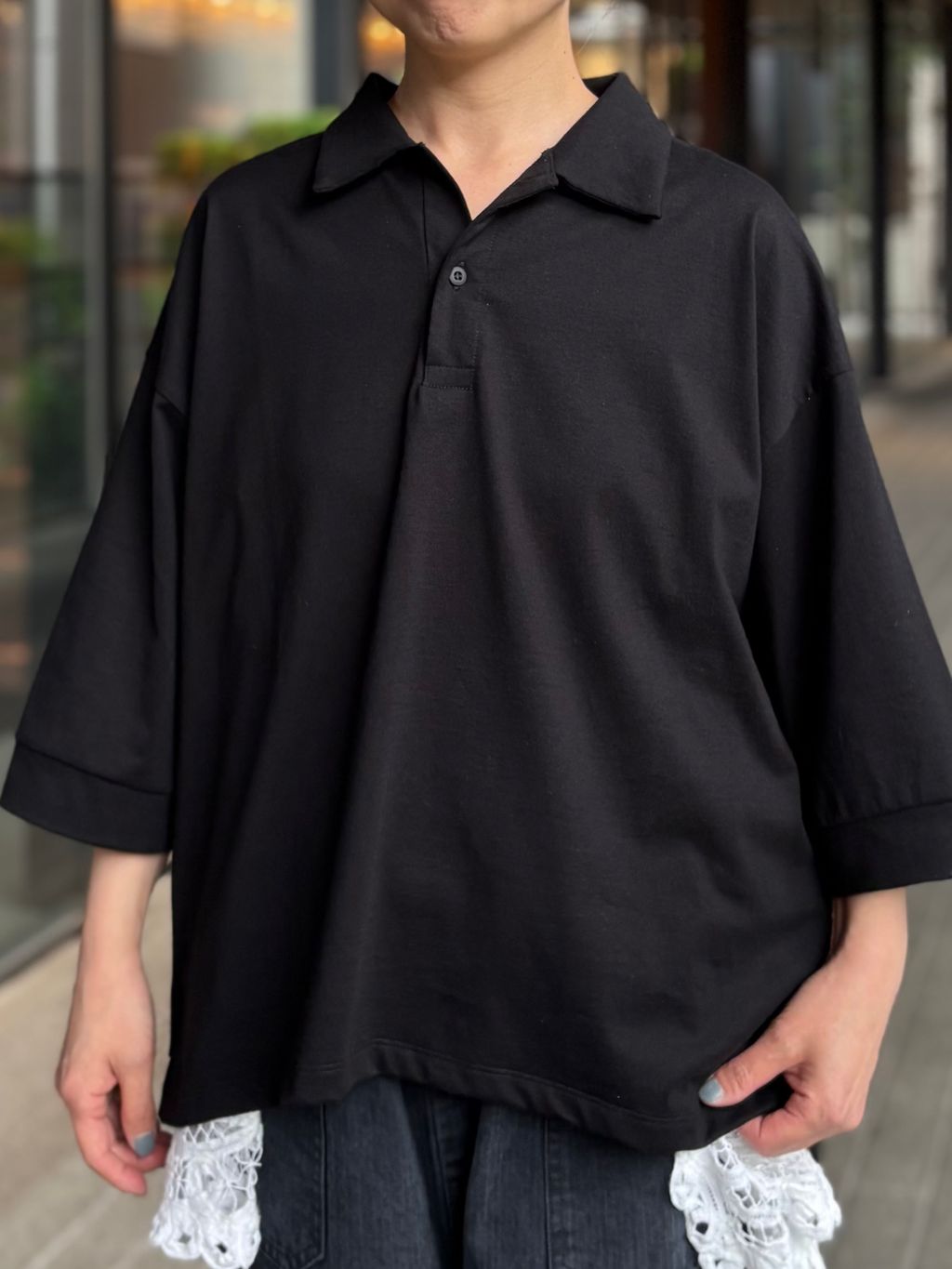 JOURNAL STANDARD luxe ワイドシルエット ポロシャツ 黒 スワイジャージプルオーバーのコーディネートスナップ（K.H）｜journal