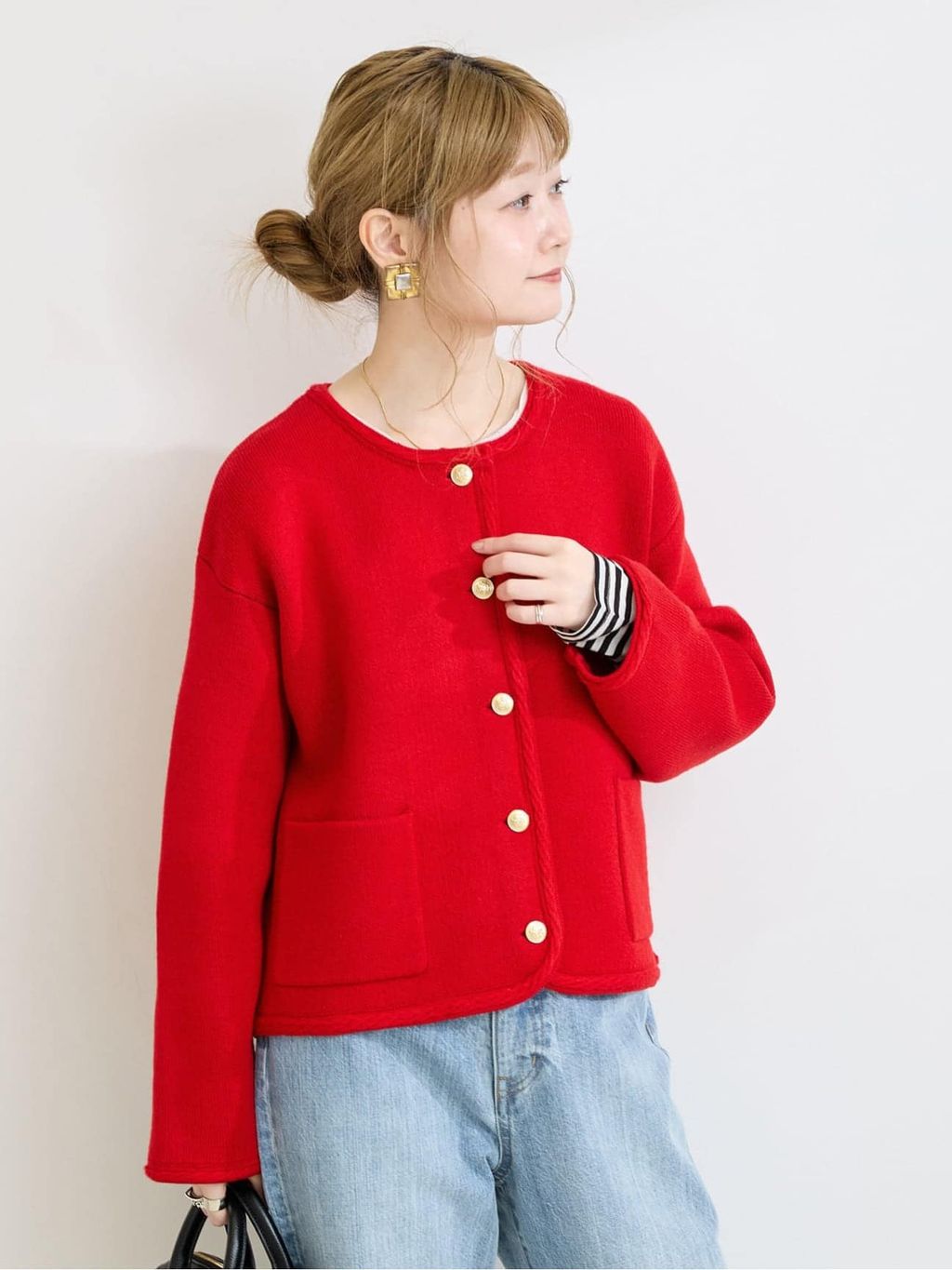 【キキ】ツイーディニットジャケット【RED】 予約》手洗い可 / プレーティングケーブルライン ニットジャケットの