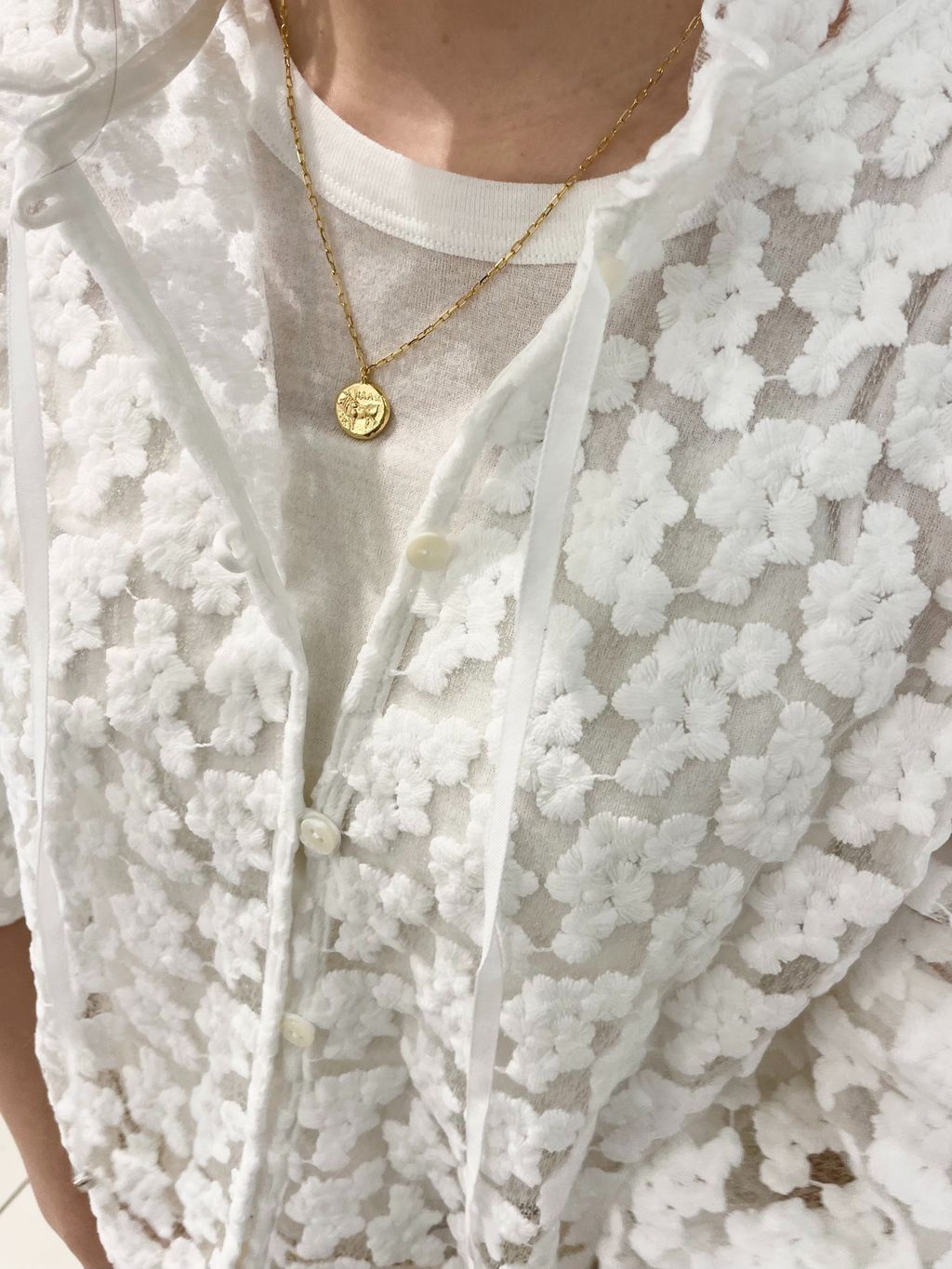 フラワー刺繍レース2WAYブラウスのコーディネートスナップ（hoya