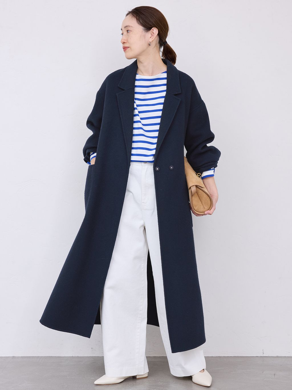 SLOBE IENA/リニアーダッフルコート/NAVY souple wool ダブルフェイスロングコートのコーディネートスナップ