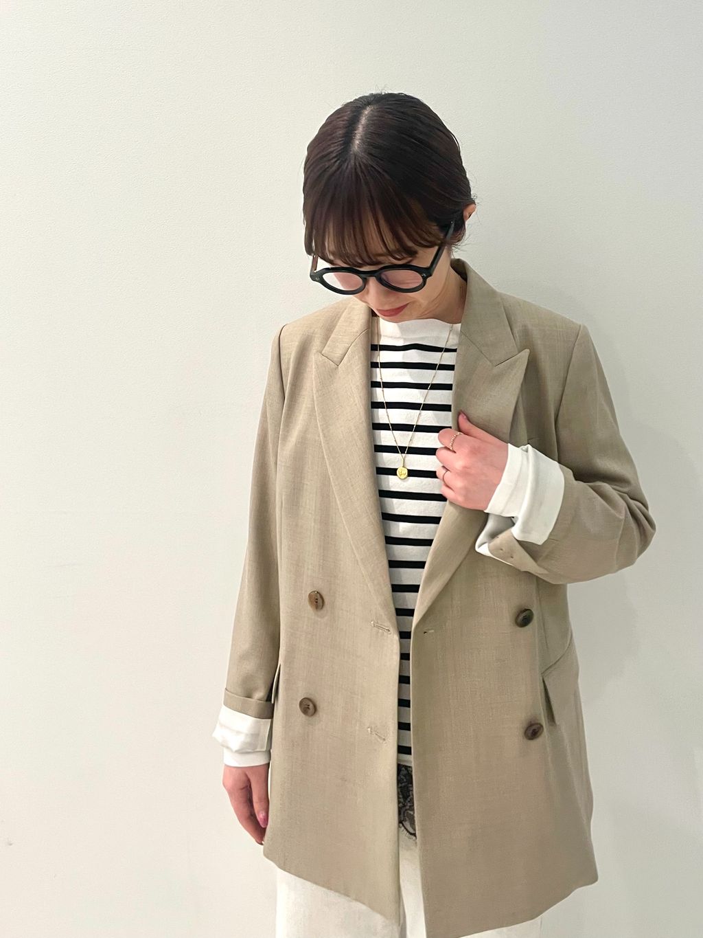 ツイルダブルブレストジャケットのコーディネートスナップ（saori