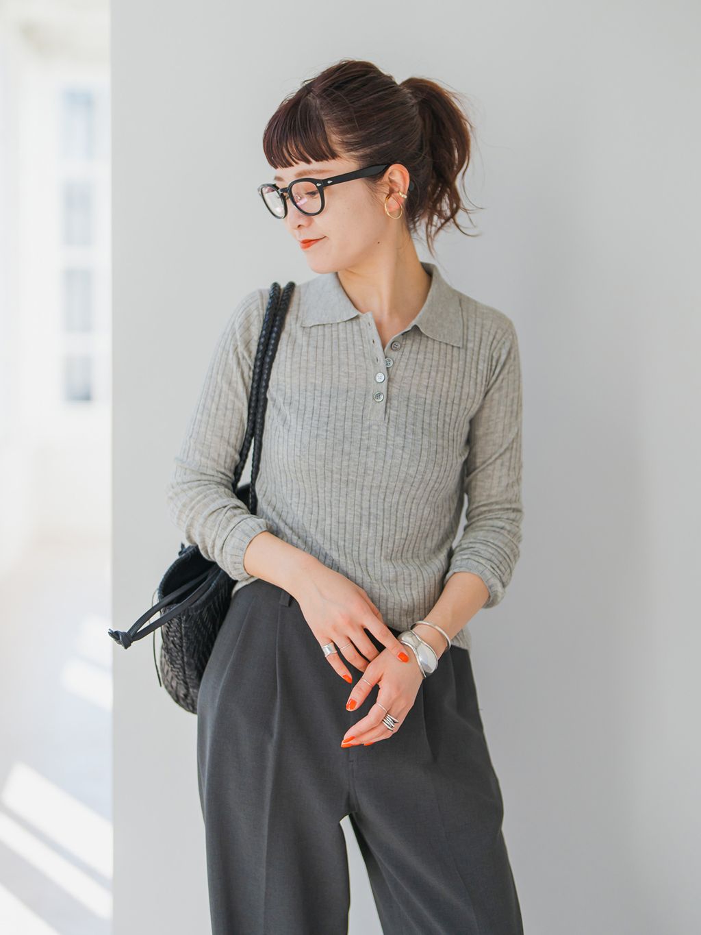 手洗い可 / シアーポロシャツニットプルオーバーのコーディネート