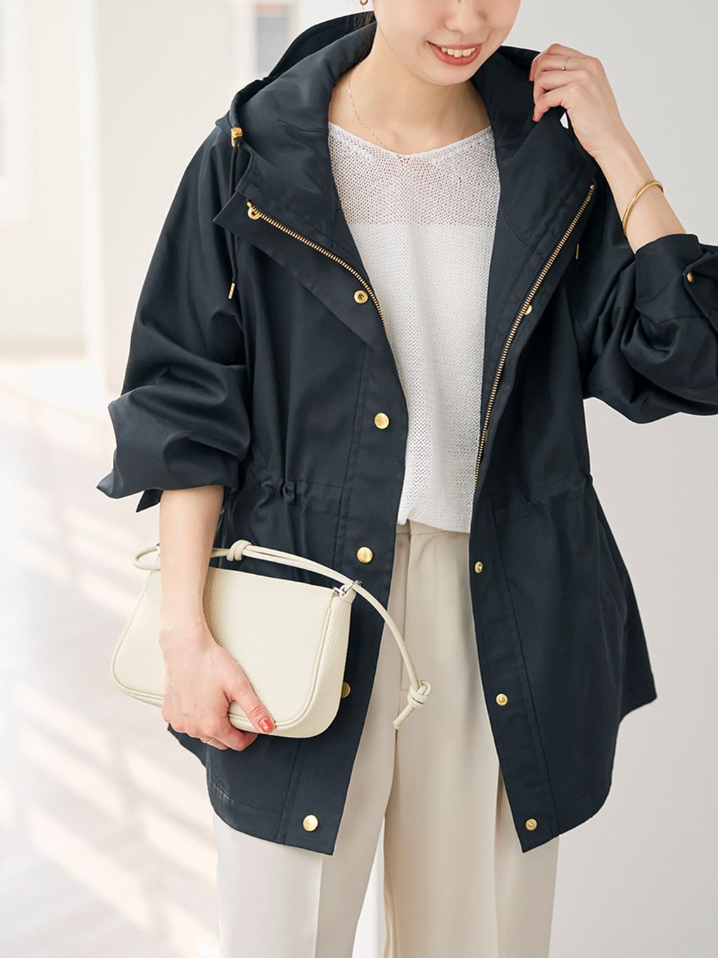 撥水ツイルフーディーブルゾンのコーディネートスナップ（さくまる