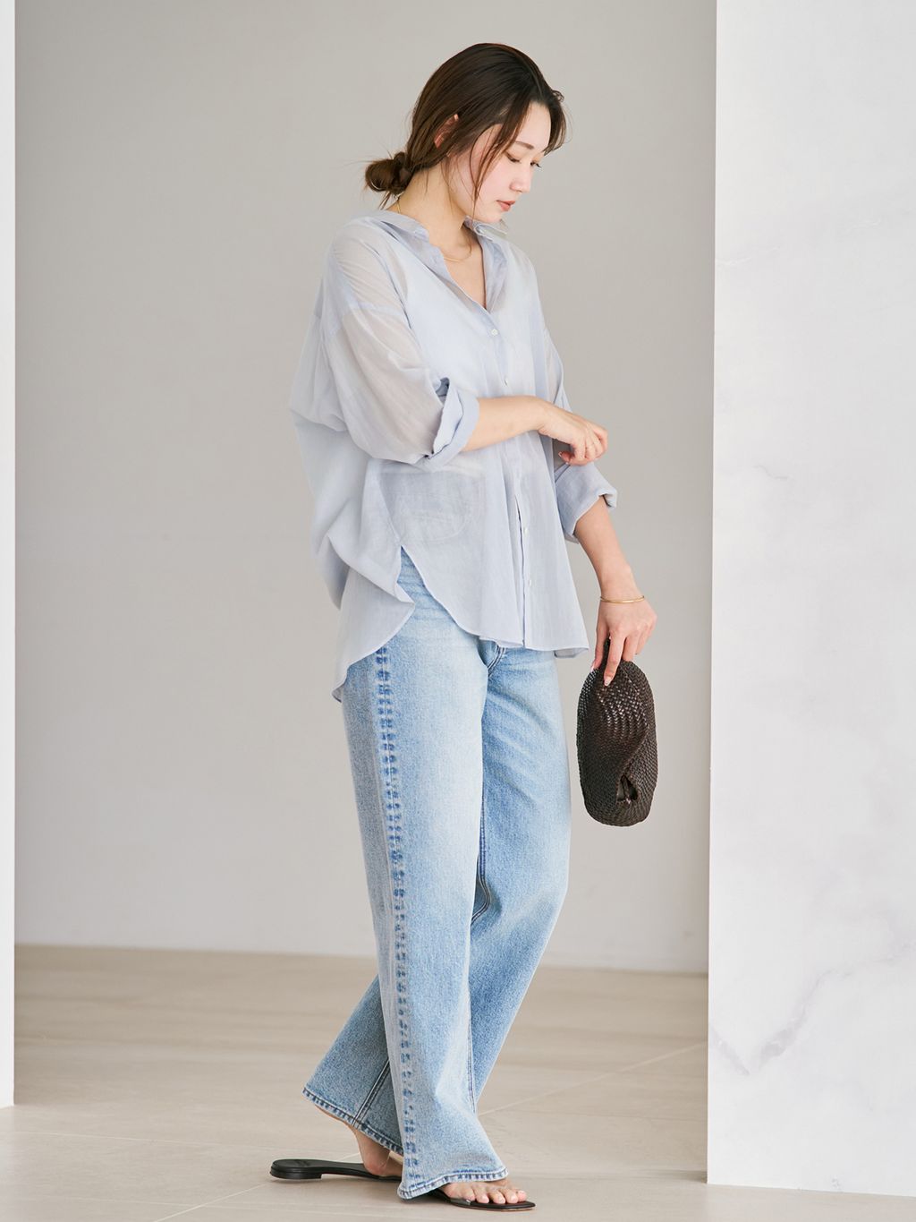 PLAGE コットン ルーズシャツ ブルー サイズF new cotton sheer シャツのコーディネートスナップ（yuzuki）｜Plage