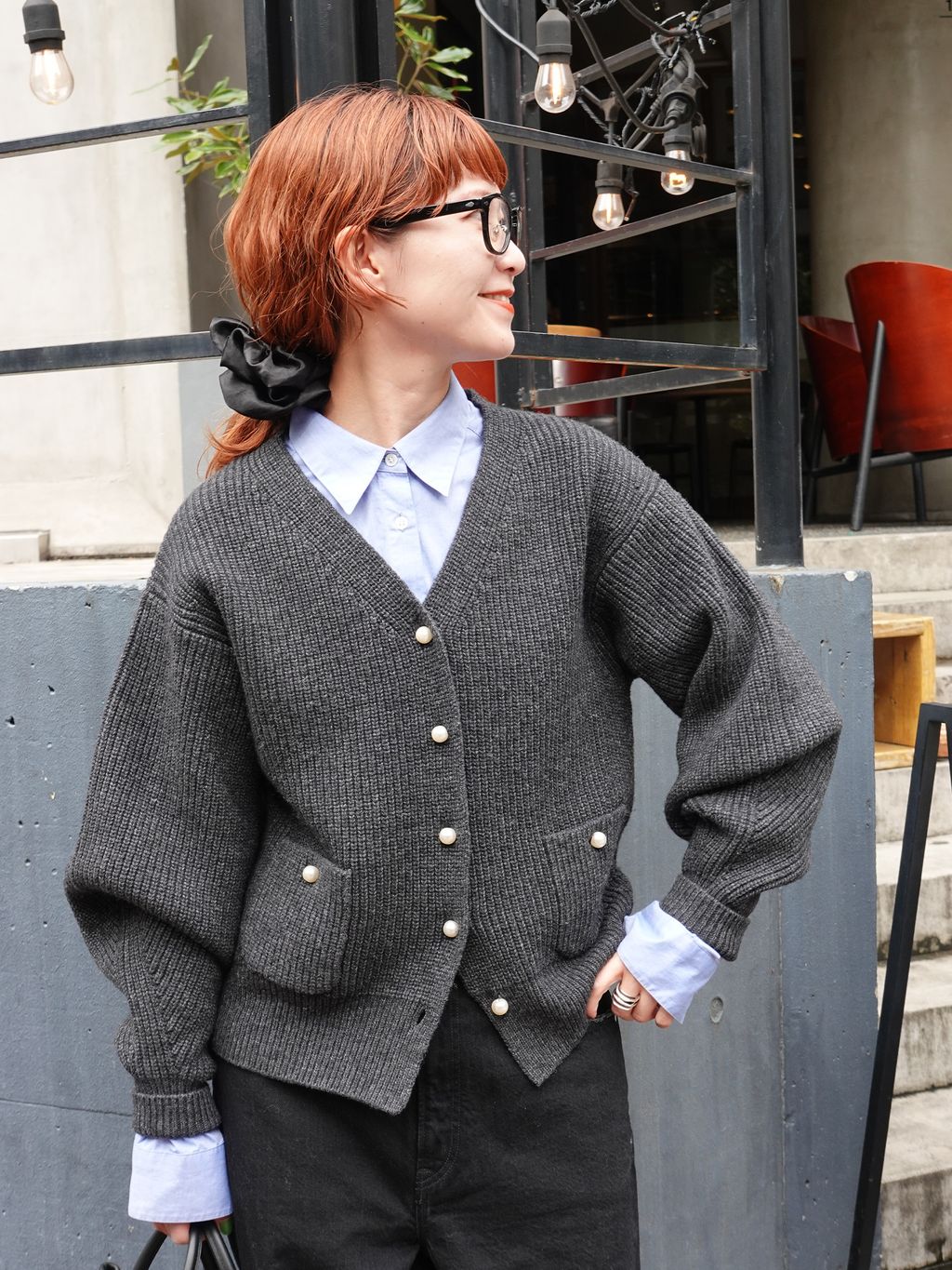 WEB限定》パール畦ニットカーディガンのコーディネートスナップ（RIKA