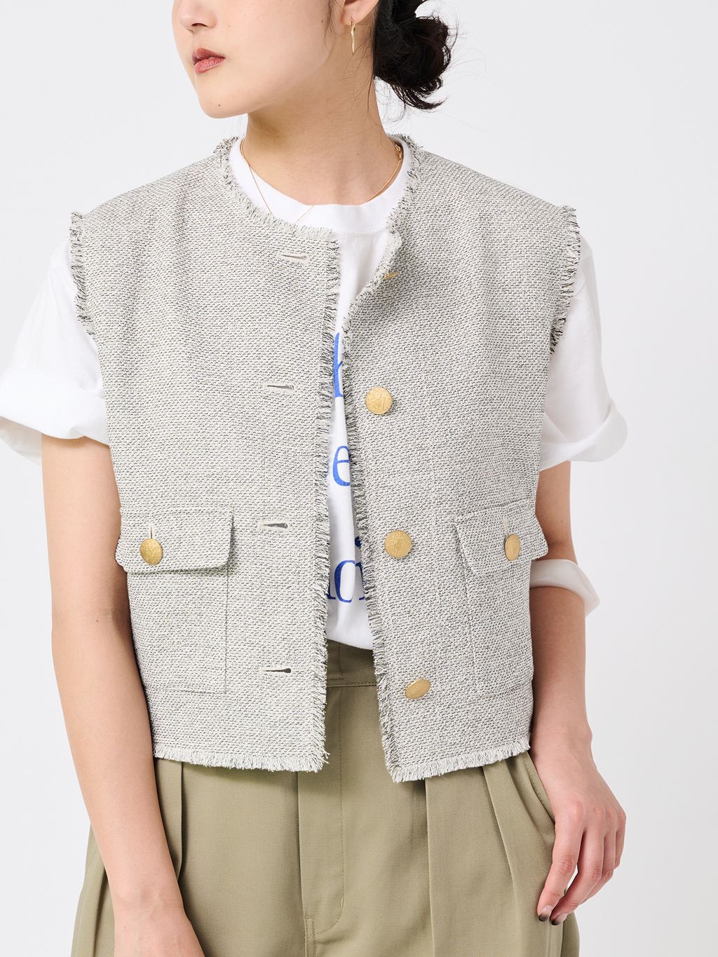 JOURNAL STANDARD L’essage GIOLICAツイードベスト GIOLICA ツイードメッシュノーカラーベストのコーディネートスナップ