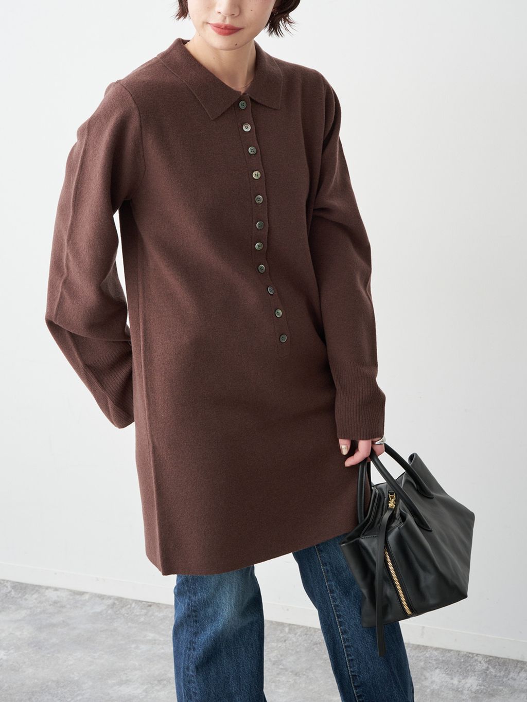 ポロシャツチュニックニットワンピのコーディネートスナップ（Sakuma