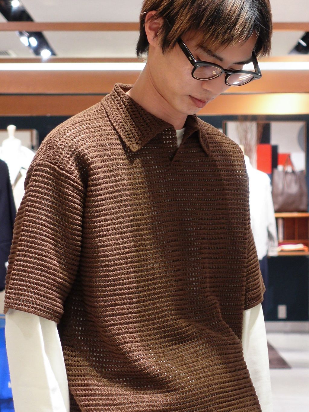 オーラリー　コットンニット　ポロシャツ　ニットポロ　ブラウン AURALEE (オーラリー) TUSSAH SILK COTTON MESH KNIT SKIPPER POLOの