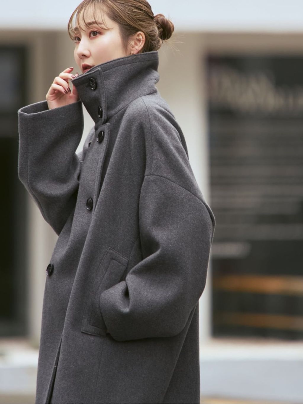 追加・WEB限定カラー》スタンドカラーオーバーコートのコーディネート