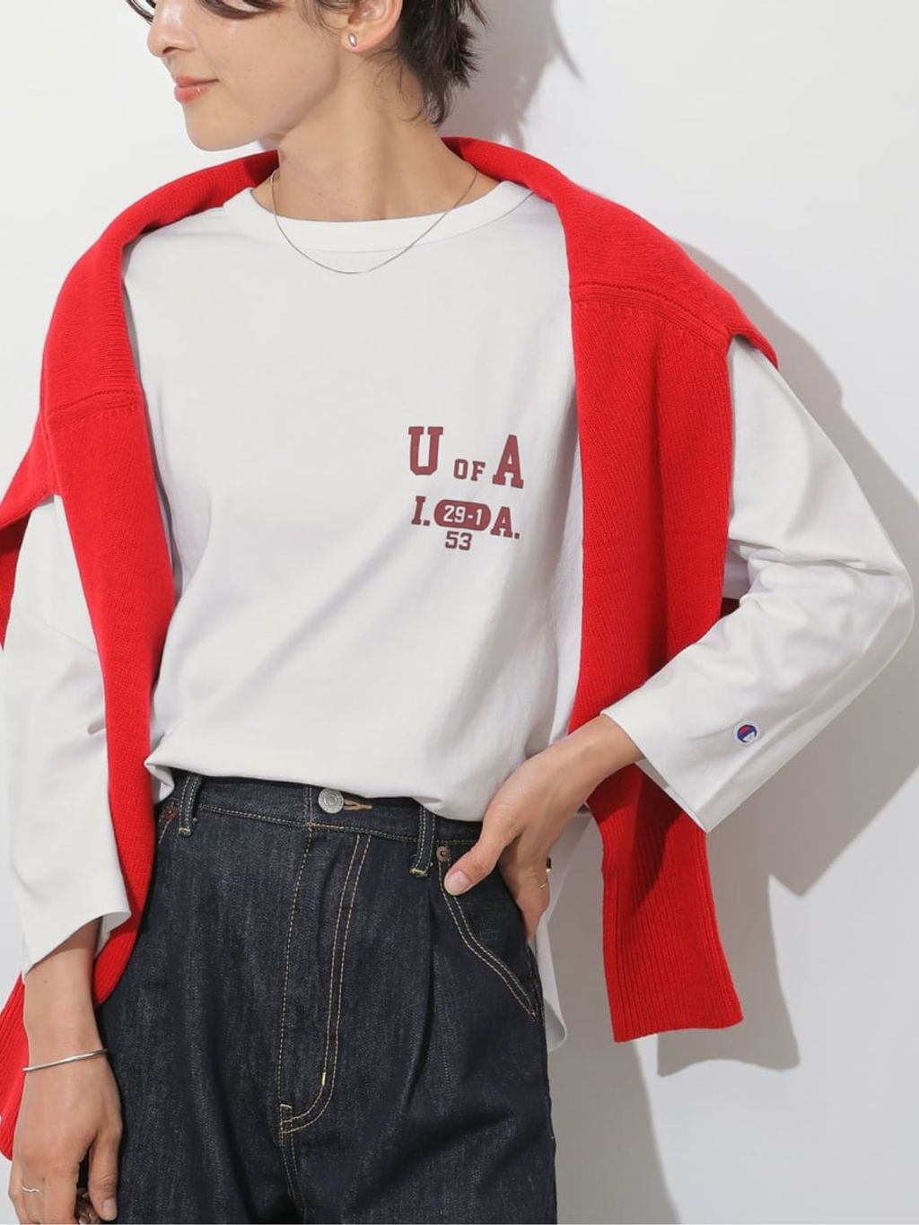 チャン様　カスタムL新品白赤ファイヤーフレイム長袖×ジーザスレッド 別注【MAKI×Champion/チャンピオン】ロングスリーブTEEの