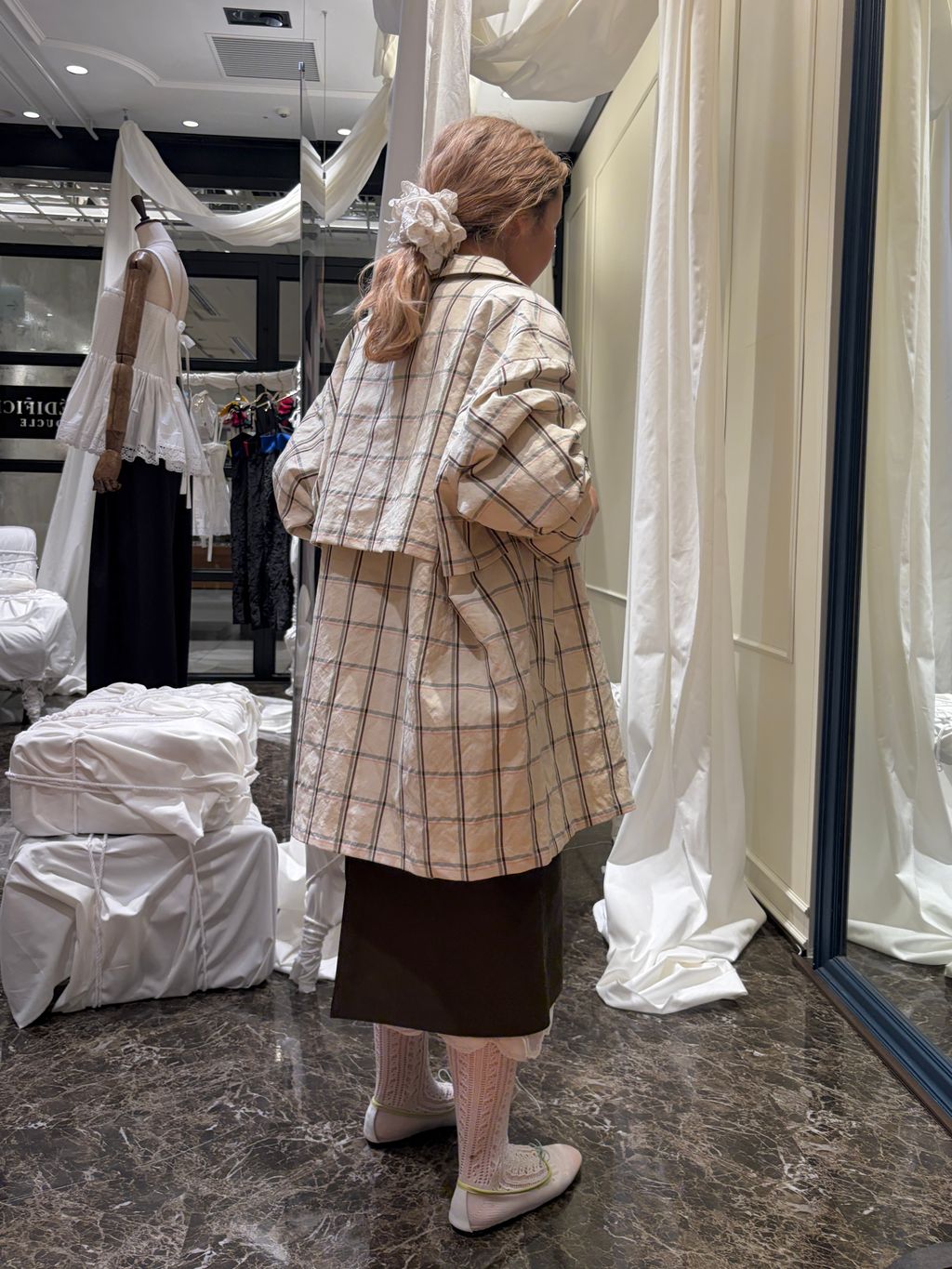 IENA LA BOUCLE P/Lチェックステンカラーハーフコートのコーディネート