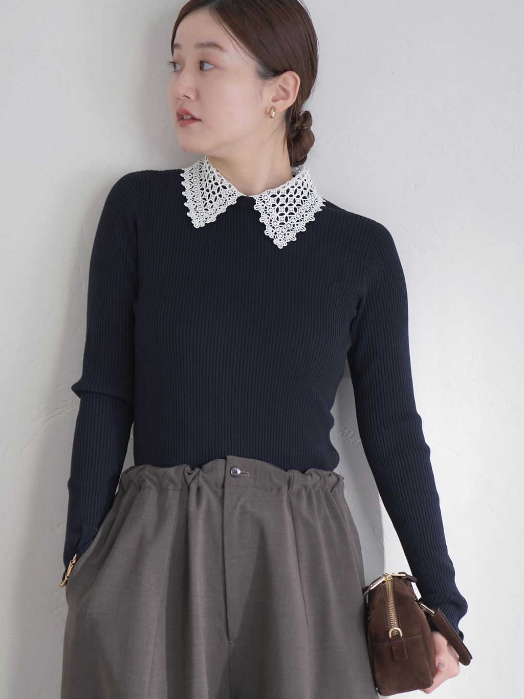 muu. 　IENA レース襟ホールガーメントリブプルオーバー 追加予約》レース襟 RIBホールガーメントプルオーバー（ニット