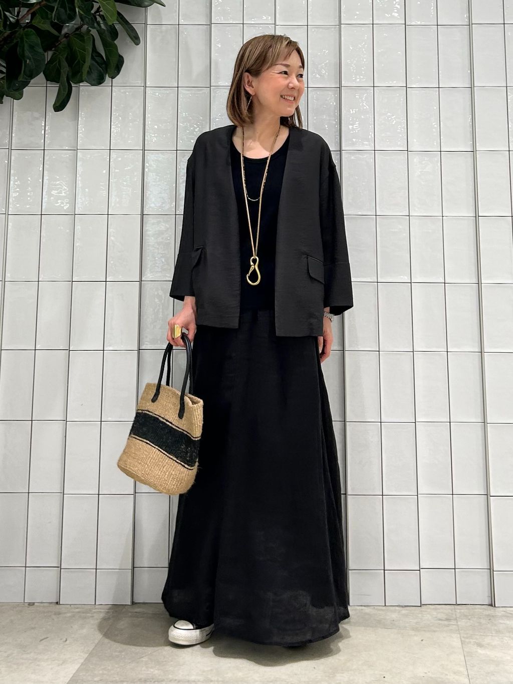 おしげ　レディース　BLK S 手洗い可 / ノーカラーハーフスリーブジャケットのコーディネート