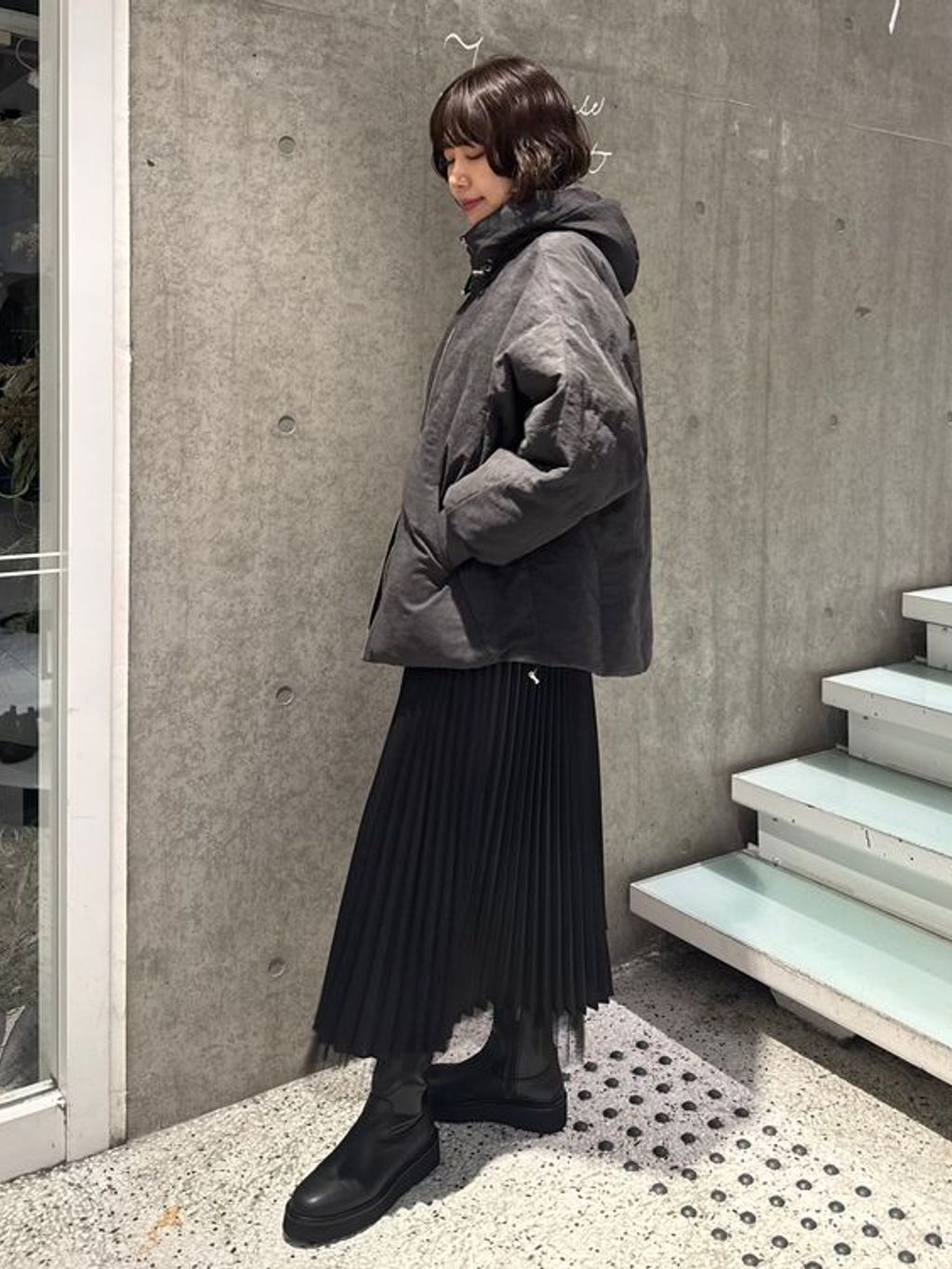 中綿ボリュームフードブルゾンのコーディネートスナップ（sakurako