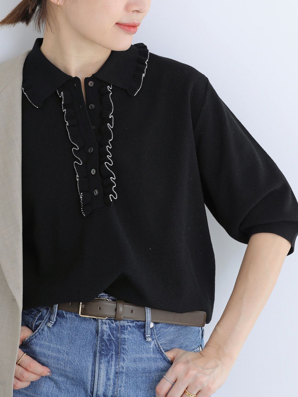 ツイルダブルブレストジャケットのコーディネートスナップ（Suzy